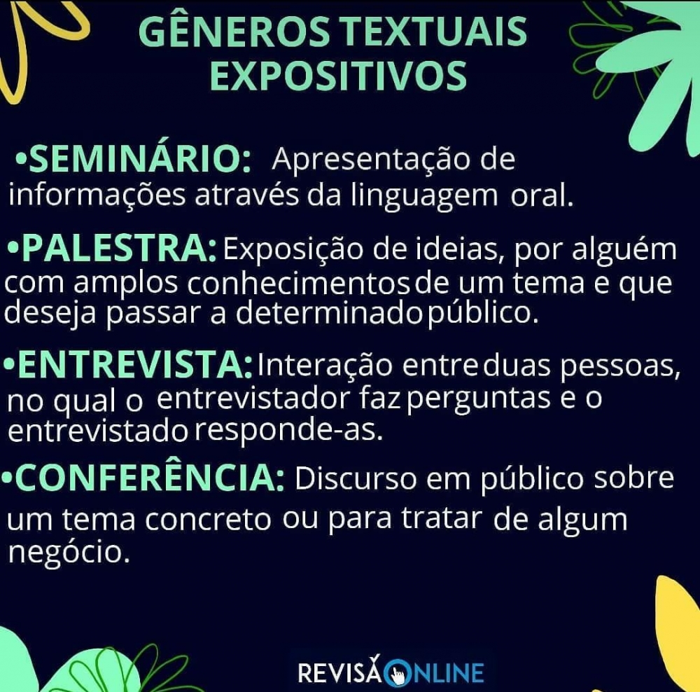 Seminário: apresentação de informações através de linguagem oral
Palestra: exposição de ideias, por alguém com amplos conhecimentos de um tema e que deseja passar a determinado público
Entrevista: interação entre duas pessoas, no qual o entrevistador faz perguntas e o entrevistado responde-às
Conferência: discurso em público sobre um tema concreto ou para tratar de algum negócio
 

 
