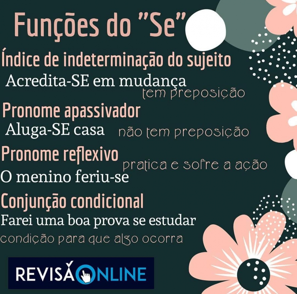 Índice de indeterminação do sujeito: Acredita-SE em mudança (tem preposição)
Pronome apassivador: Aluga-SE casa (não tem preposição)
Pronome reflexivo:O menino feriu-SE (pratica e sofre a ação)
Conjunção condicional: Farei uma boa prova SE estudar (condição para que algo ocorra)
