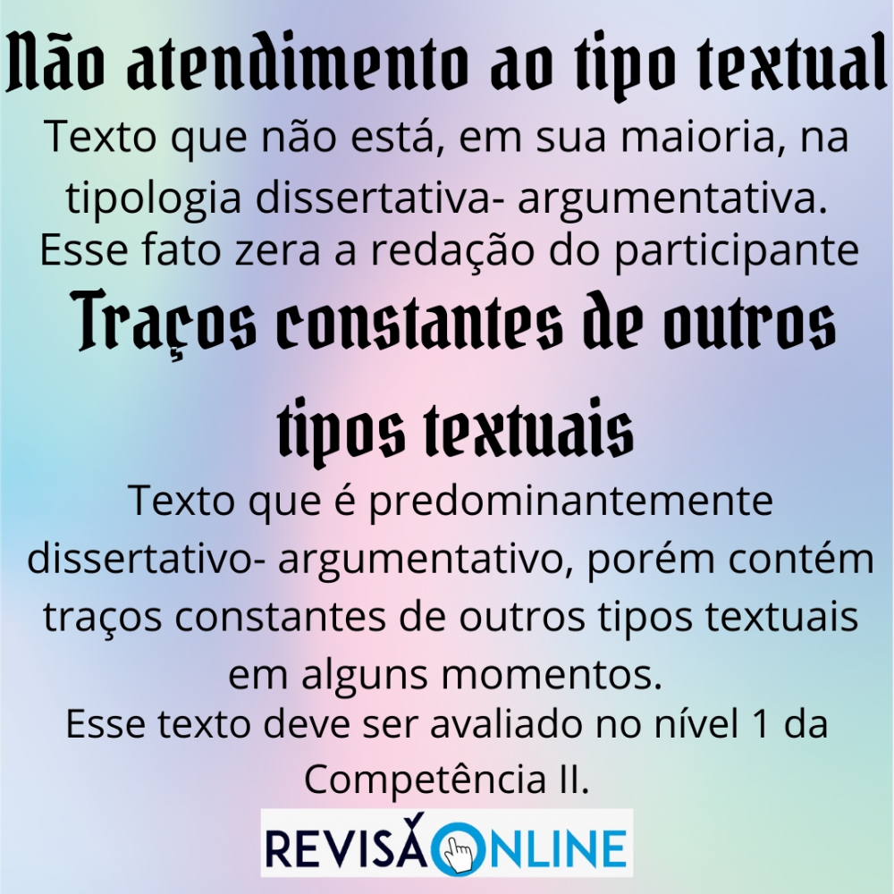 Não atendimento ao tipo textual: Texto que não está, em sua maioria, na tipologia dissertativa- argumentativa. Esse fato zera a redação do participante
Traços constantes de outros tipos textuais: Texto que é predominantemente dissertativo- argumentativo, porém contém traços constantes de outros tipos textuais em alguns momentos. Esse texto deve ser avaliado no nível 1 da Competência II.
