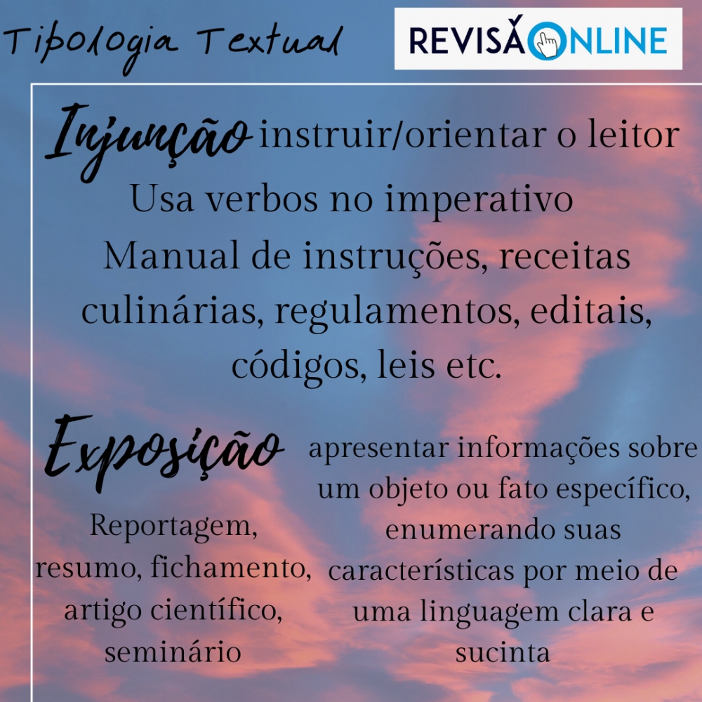 Injunção: instruir/orientar o leitor
Usa verbos no imperativo
Manual de instruções, receitas culinárias, bulas, regulamentos, editais, códigos, leis etc.
Exposição: apresentar informações sobre um objeto ou fato específico, enumerando suas características por meio de uma linguagem clara e sucinta
Reportagem, resumo, fichamento, artigo científico, seminário etc.
