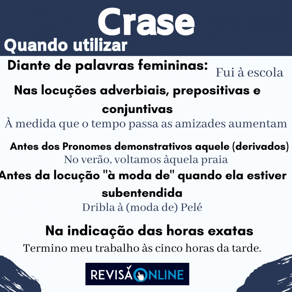 Diante de palavras femininas: Fui à escola

Nas locuções adverbiais, prepositivas e conjuntivas: À medida que o tempo passa as amizades aumentam

Antes dos Pronomes demonstrativos aquilo, aquela, aquele :No verão, voltamos àquela praia

Antes da locução "à moda de" quando ela estiver subentendida: dribla à (moda de) Pelé

Na indicação de horas exatas: Termino meu trabalho às cinco horas da tarde